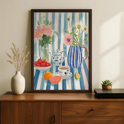 Kitchen Still Life Print, Floral Tea Pot Wall Art, Blue Stripe Watercolour Poster