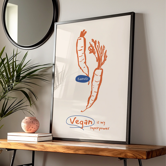 Vegan Is My Superpower Carrot Kitchen Print, Vegetable Wall Art Poster, Vegan Gift