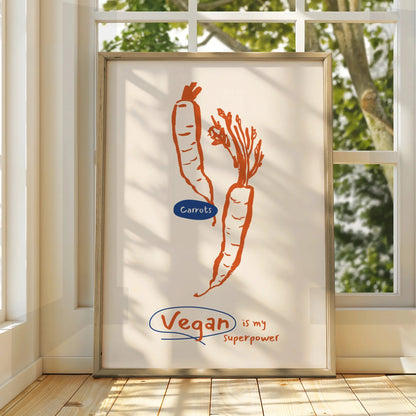 Vegan Is My Superpower Carrot Kitchen Print, Vegetable Wall Art Poster, Vegan Gift
