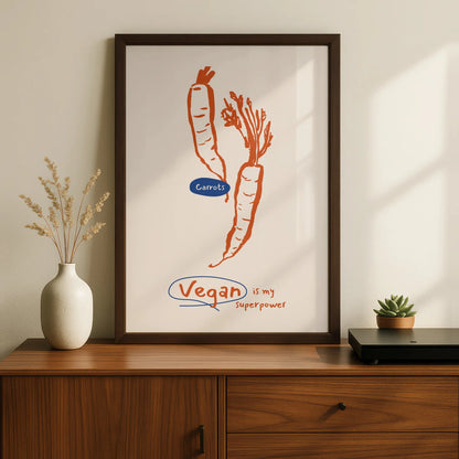 Vegan Is My Superpower Carrot Kitchen Print, Vegetable Wall Art Poster, Vegan Gift