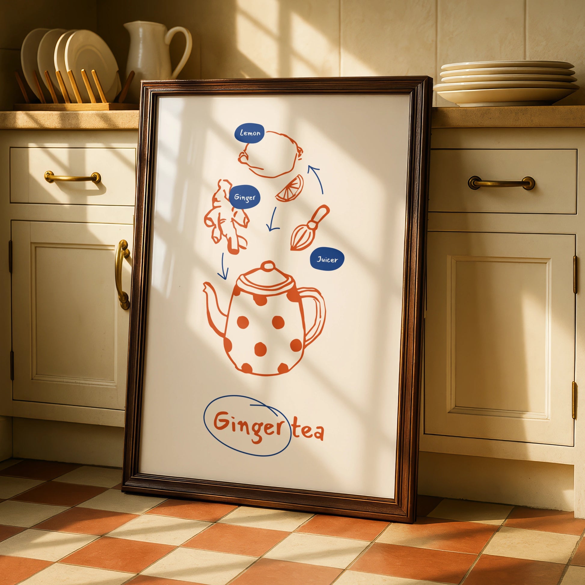 Ginger Tea Kitchen Print, Tea Lover Wall Art, Illustrated Recipe Poster, Cafe Decor