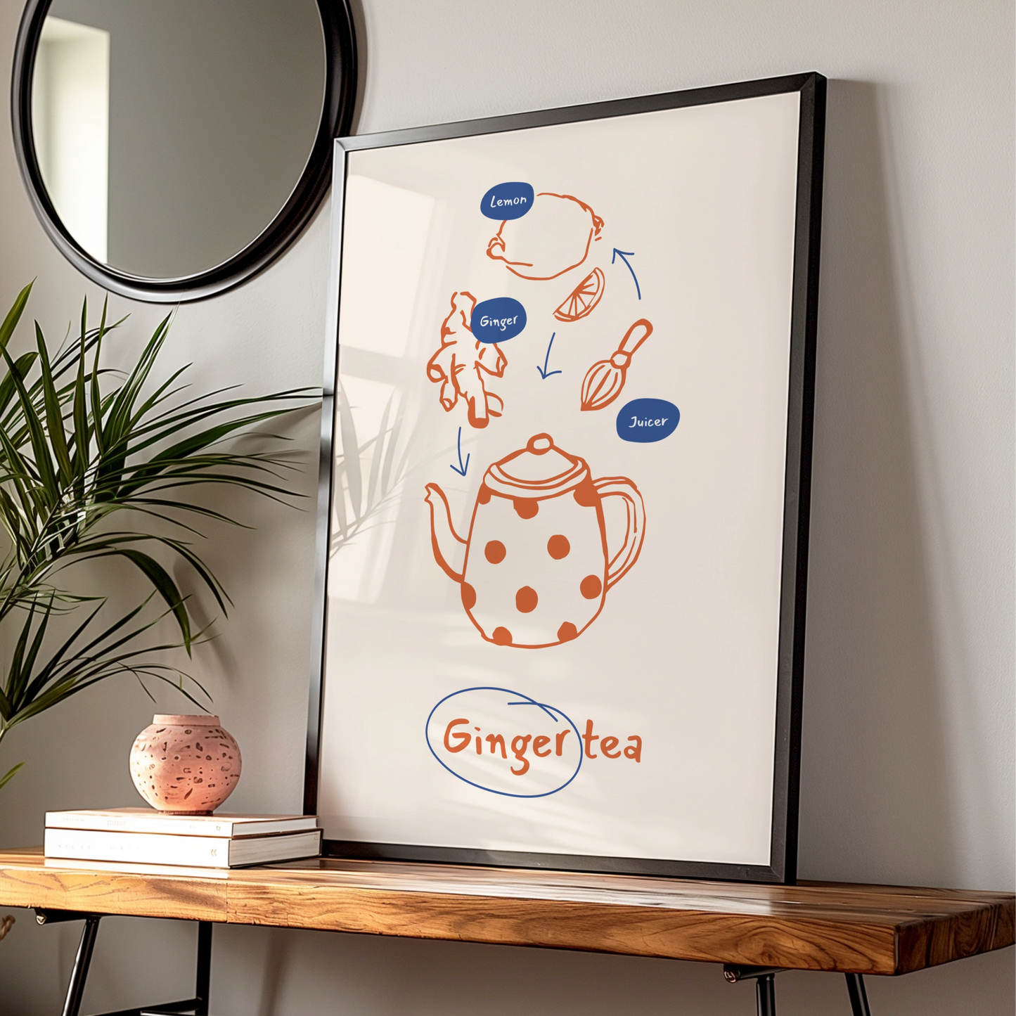 Ginger Tea Kitchen Print, Tea Lover Wall Art, Illustrated Recipe Poster, Cafe Decor