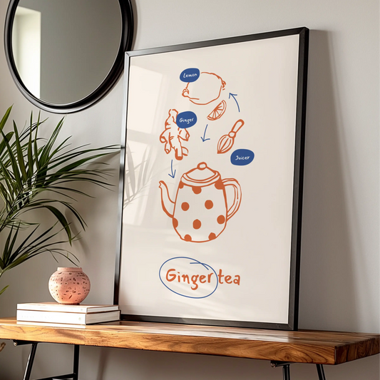 Ginger Tea Kitchen Print, Tea Lover Wall Art, Illustrated Recipe Poster, Cafe Decor