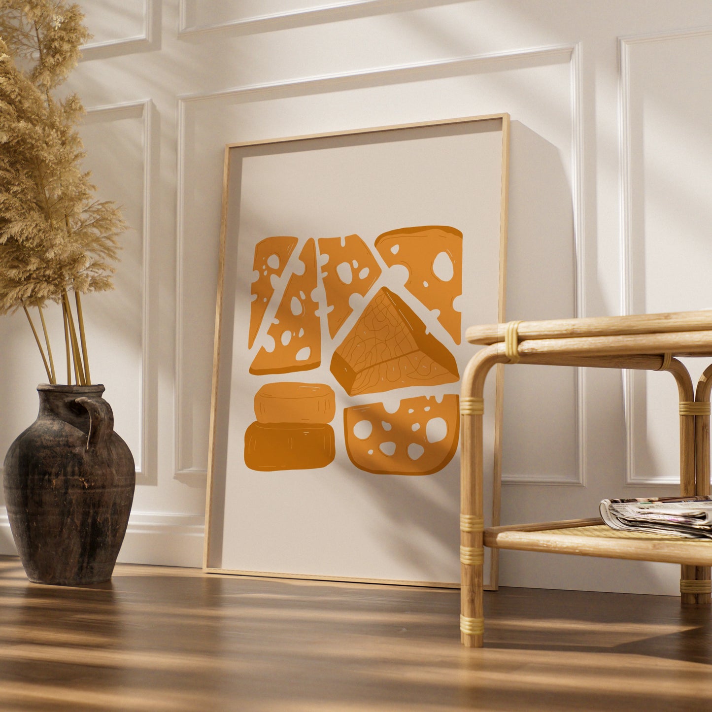 Cheese Kitchen Wall Art Print, Food Poster, Illustrated Cheese Board, Yellow Kitchen Decor