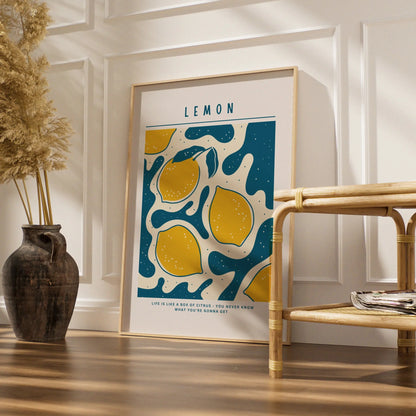 Lemon Kitchen Wall Art Print, Citrus Poster, Yellow Teal Fruit Decor, Retro