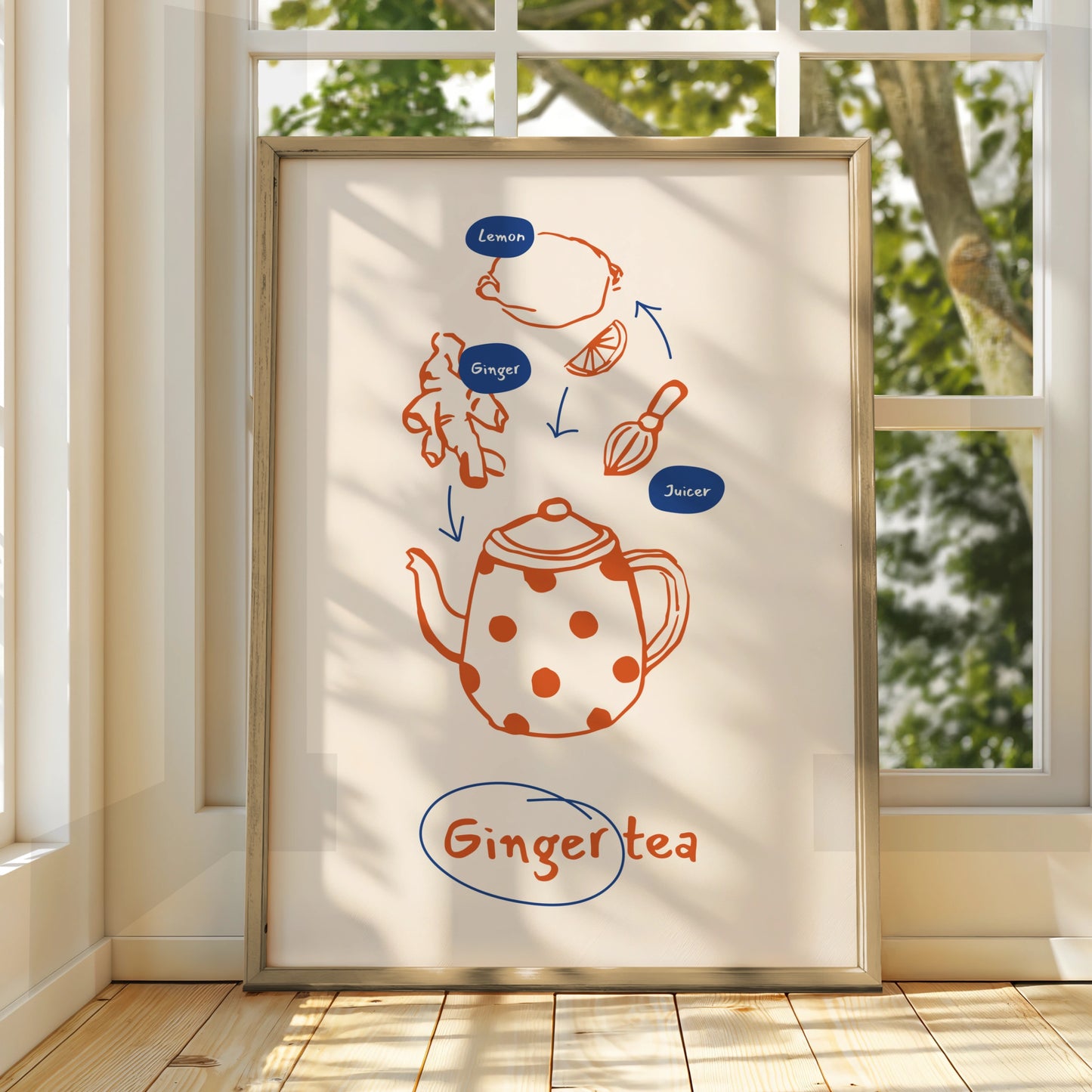 Ginger Tea Kitchen Print, Tea Lover Wall Art, Illustrated Recipe Poster, Cafe Decor