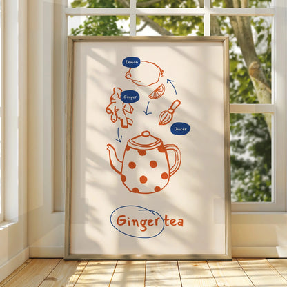 Ginger Tea Kitchen Print, Tea Lover Wall Art, Illustrated Recipe Poster, Cafe Decor