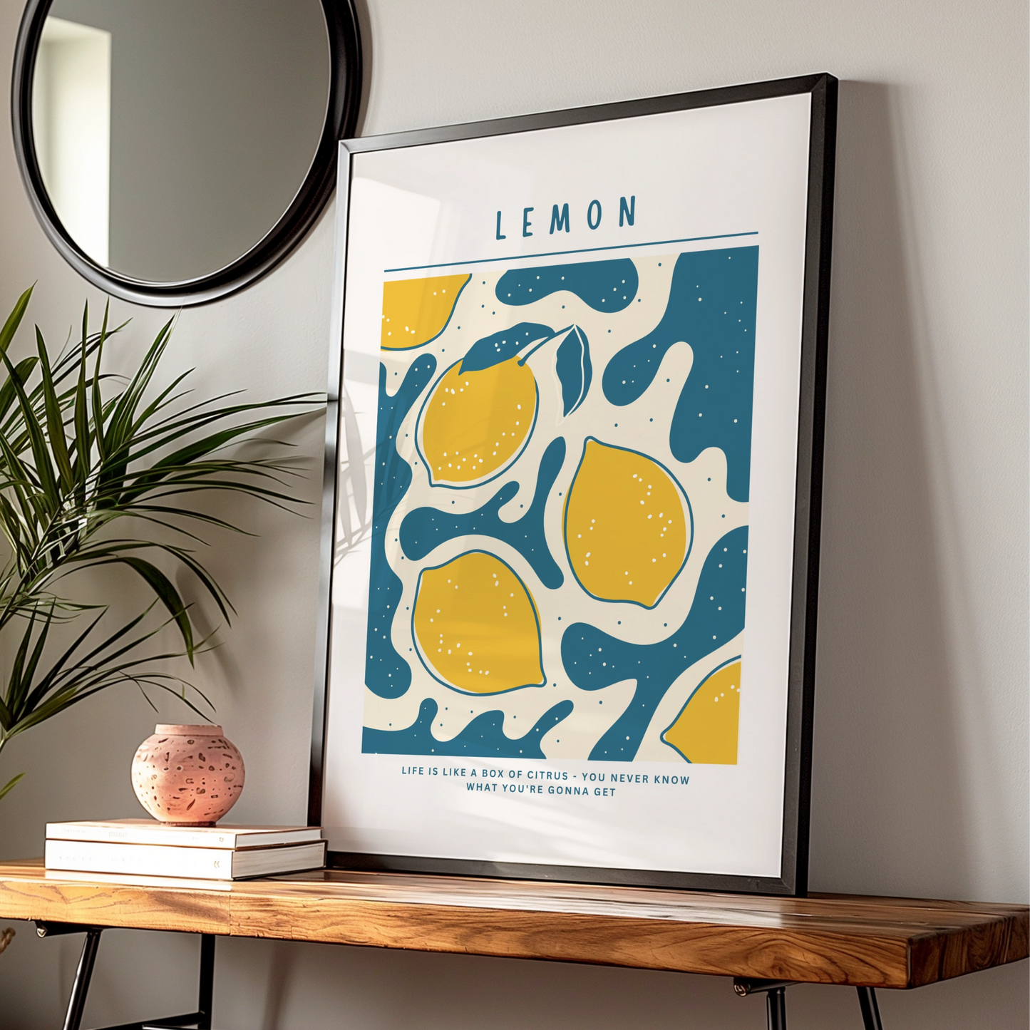 Lemon Kitchen Wall Art Print, Citrus Poster, Yellow Teal Fruit Decor, Retro