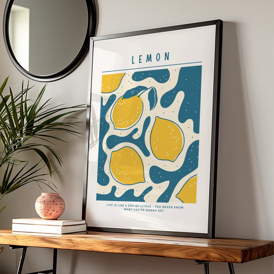 Lemon Kitchen Wall Art Print, Citrus Poster, Yellow Teal Fruit Decor, Retro