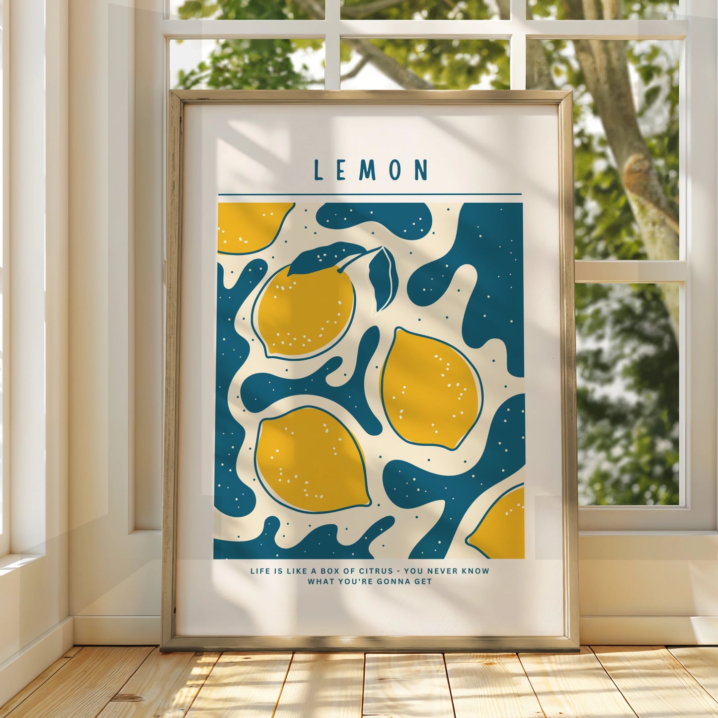 Lemon Kitchen Wall Art Print, Citrus Poster, Yellow Teal Fruit Decor, Retro