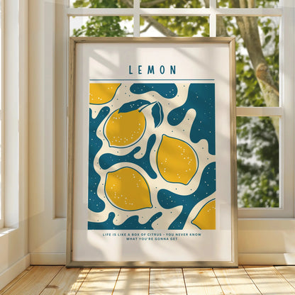 Lemon Kitchen Wall Art Print, Citrus Poster, Yellow Teal Fruit Decor, Retro