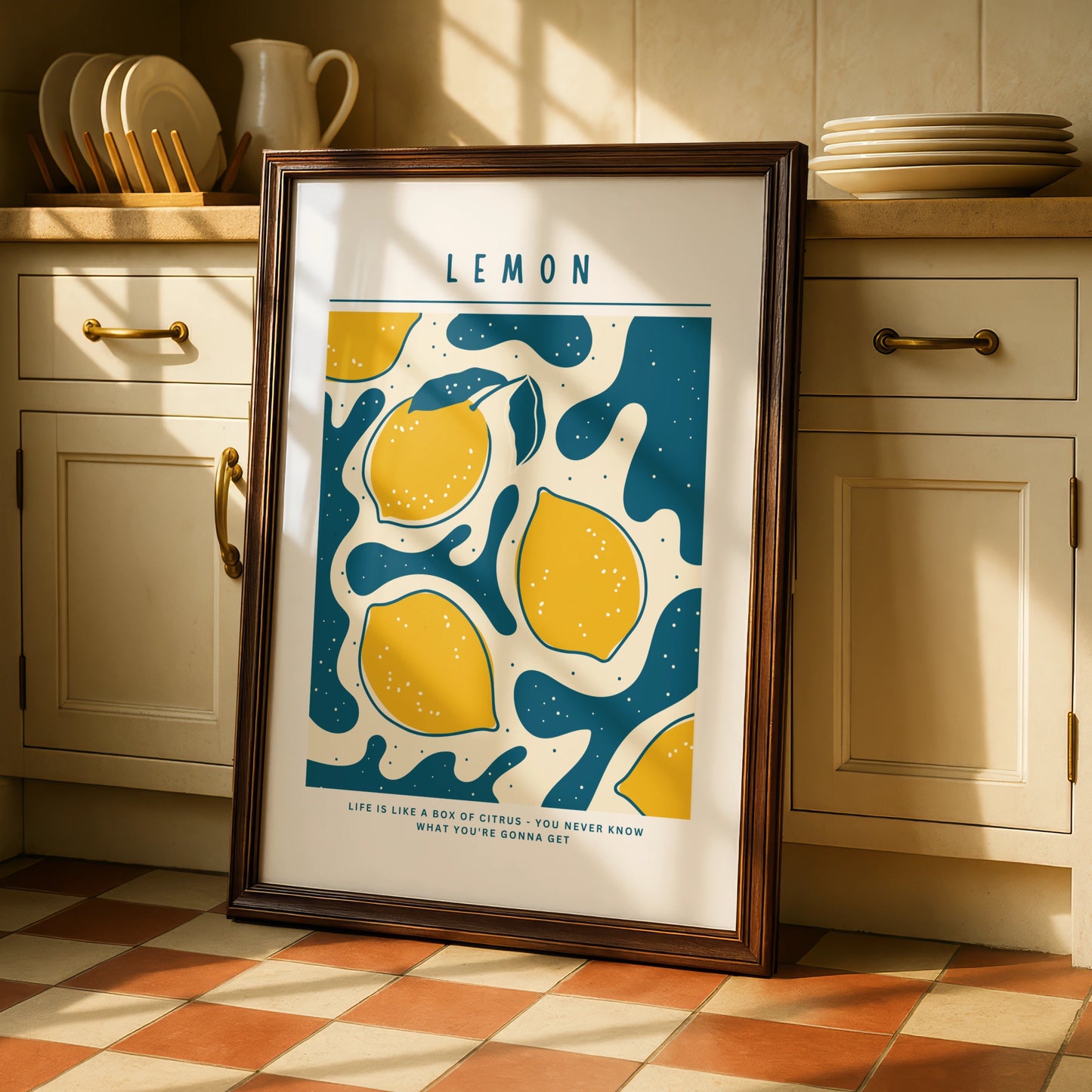 Lemon Kitchen Wall Art Print, Citrus Poster, Yellow Teal Fruit Decor, Retro