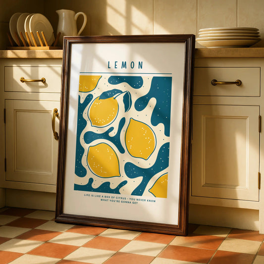 Lemon Kitchen Wall Art Print, Citrus Poster, Yellow Teal Fruit Decor, Retro