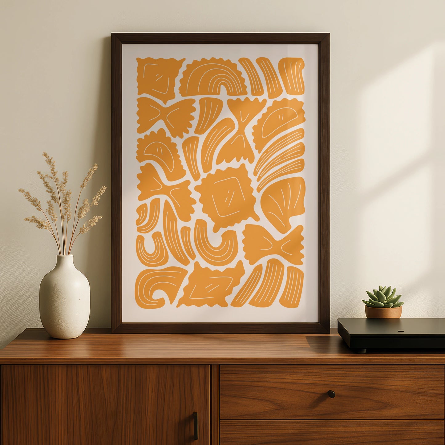Pasta Shapes Kitchen Wall Art Print, Italian Food Poster, Mustard Yellow Kitchen Decor