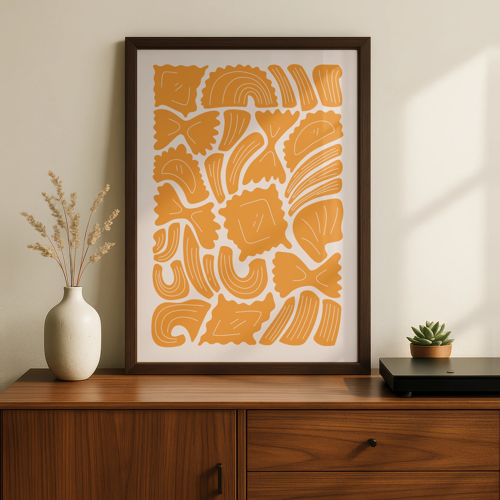 Pasta Shapes Kitchen Wall Art Print, Italian Food Poster, Mustard Yellow Kitchen Decor