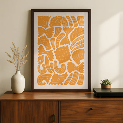 Pasta Shapes Kitchen Wall Art Print, Italian Food Poster, Mustard Yellow Kitchen Decor