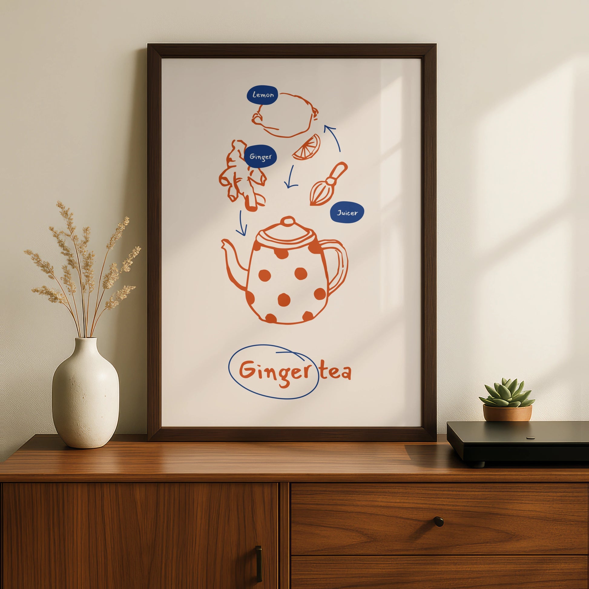 Ginger Tea Kitchen Print, Tea Lover Wall Art, Illustrated Recipe Poster, Cafe Decor