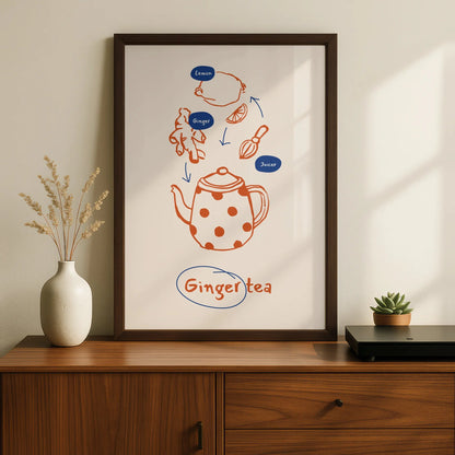 Ginger Tea Kitchen Print, Tea Lover Wall Art, Illustrated Recipe Poster, Cafe Decor