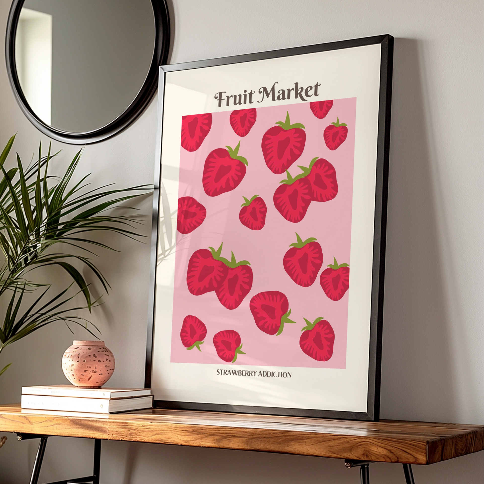 Strawberry Kitchen Print, Fruit Market Poster, Pink Red Wall Art, Food Decor