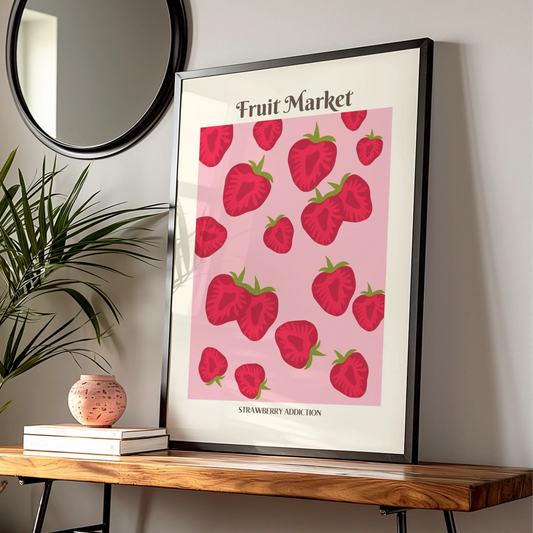 Strawberry Kitchen Print, Fruit Market Poster, Pink Red Wall Art, Food Decor