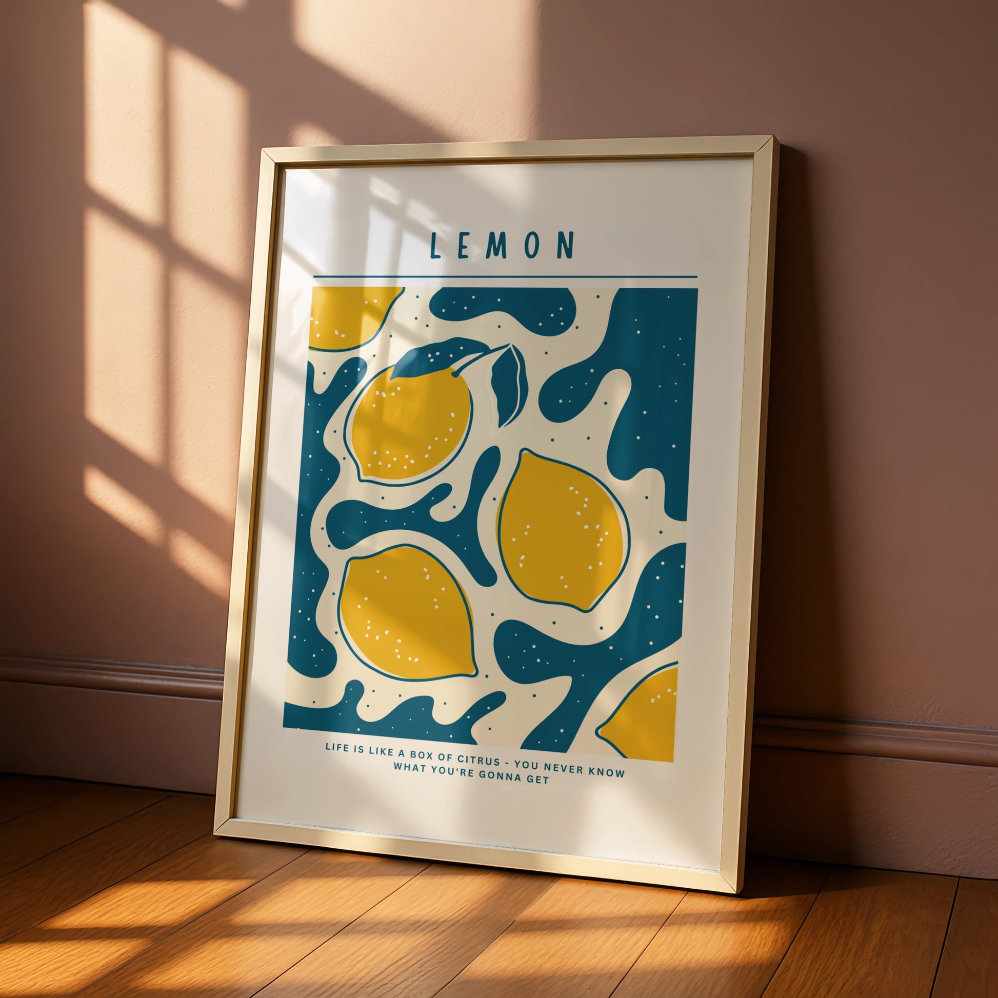 Lemon Kitchen Wall Art Print, Citrus Poster, Yellow Teal Fruit Decor, Retro