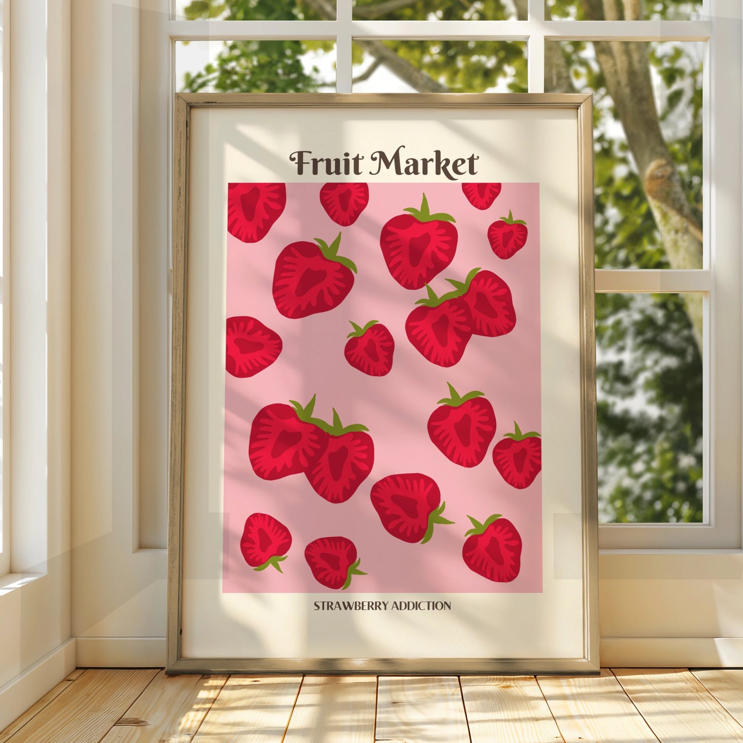 Strawberry Kitchen Print, Fruit Market Poster, Pink Red Wall Art, Food Decor