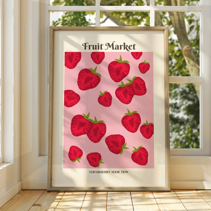 Strawberry Kitchen Print, Fruit Market Poster, Pink Red Wall Art, Food Decor