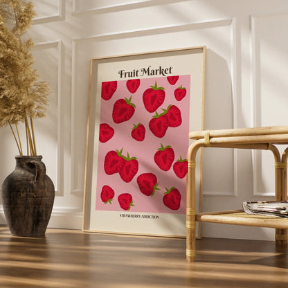 Strawberry Kitchen Print, Fruit Market Poster, Pink Red Wall Art, Food Decor