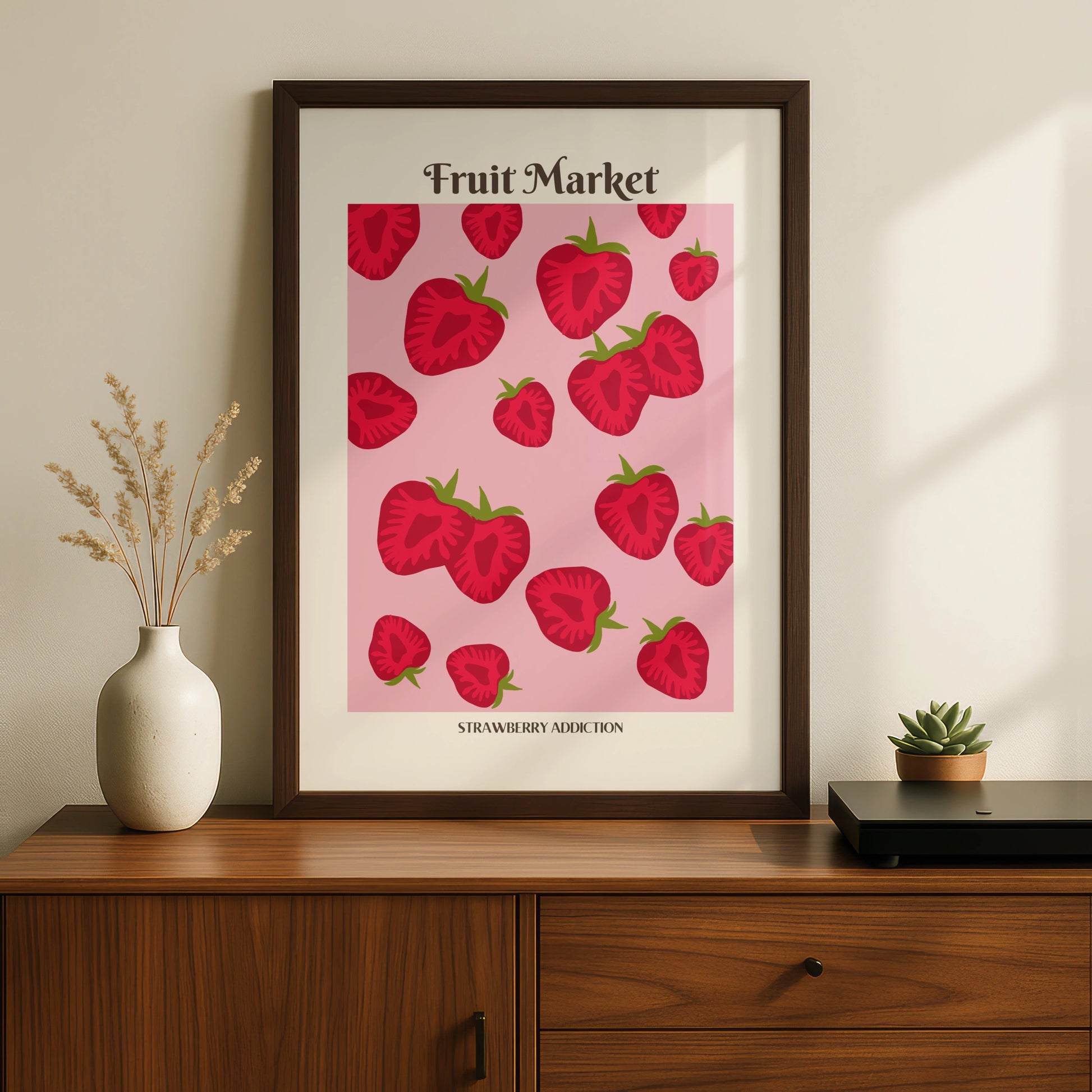 Strawberry Kitchen Print, Fruit Market Poster, Pink Red Wall Art, Food Decor