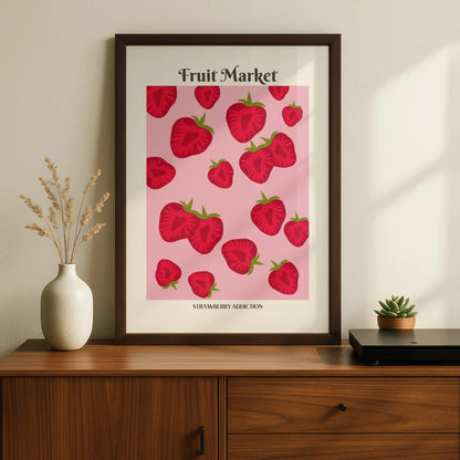 Strawberry Kitchen Print, Fruit Market Poster, Pink Red Wall Art, Food Decor