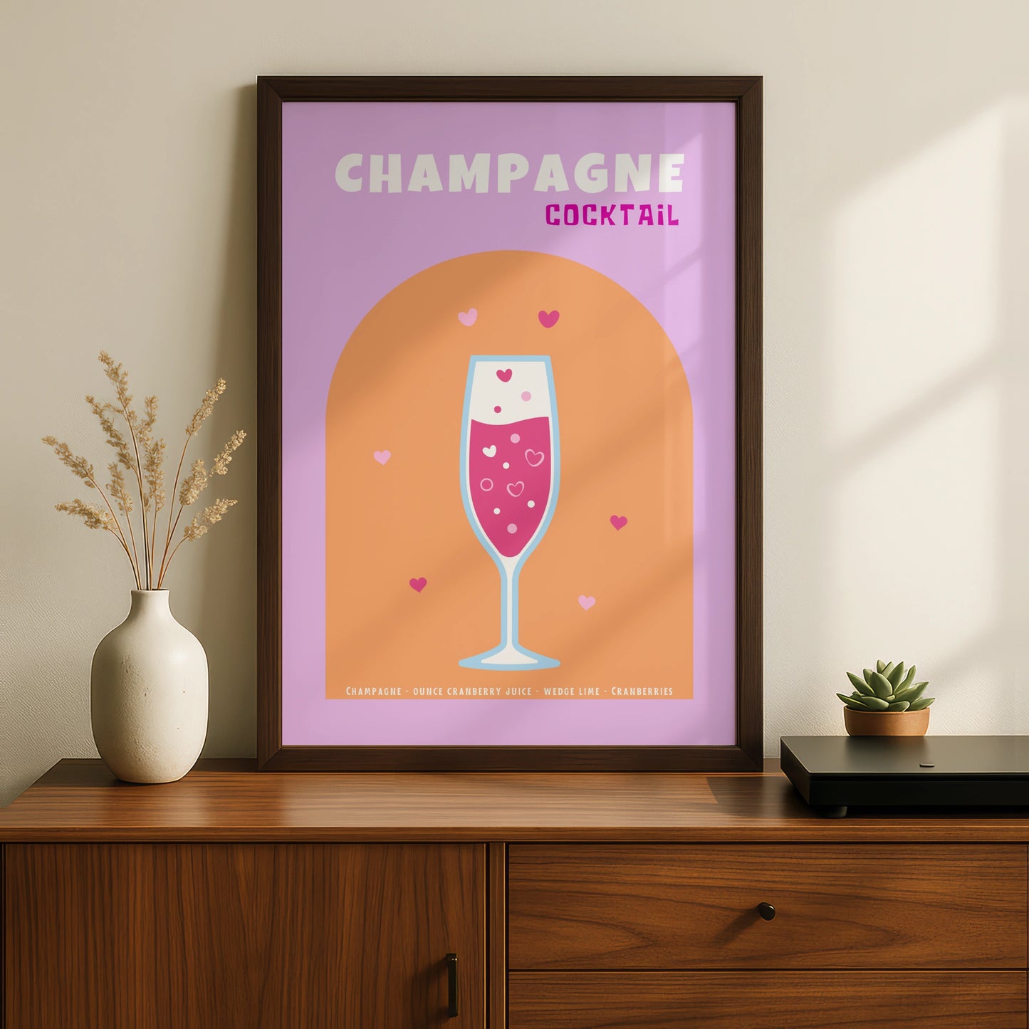 Champagne Cocktail Kitchen Print, Bar Cart Wall Art, Pink Drinks Poster, Retro Recipe