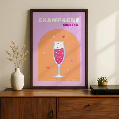 Champagne Cocktail Kitchen Print, Bar Cart Wall Art, Pink Drinks Poster, Retro Recipe