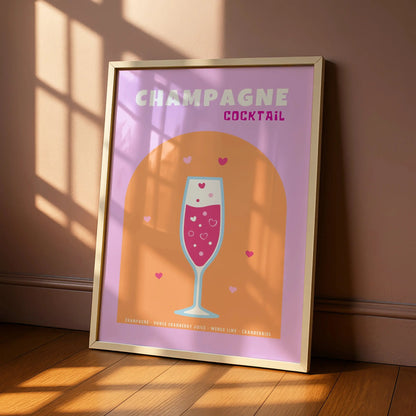 Champagne Cocktail Kitchen Print, Bar Cart Wall Art, Pink Drinks Poster, Retro Recipe