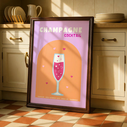 Champagne Cocktail Kitchen Print, Bar Cart Wall Art, Pink Drinks Poster, Retro Recipe
