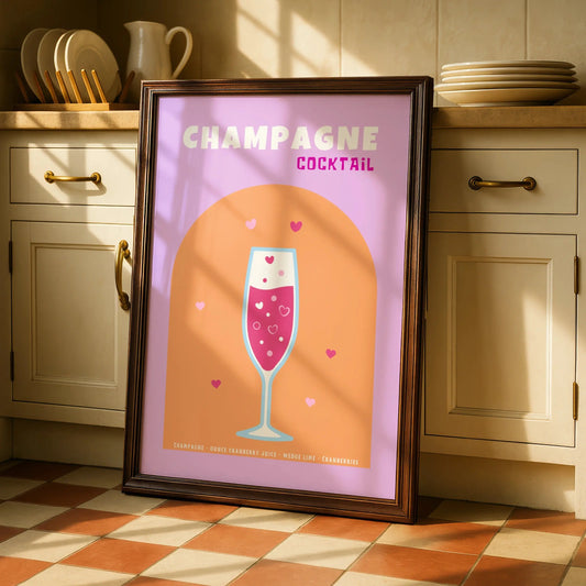 Champagne Cocktail Kitchen Print, Bar Cart Wall Art, Pink Drinks Poster, Retro Recipe