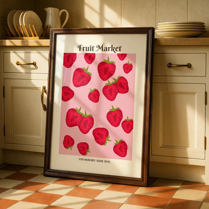 Strawberry Kitchen Print, Fruit Market Poster, Pink Red Wall Art, Food Decor