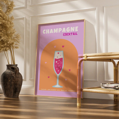 Champagne Cocktail Kitchen Print, Bar Cart Wall Art, Pink Drinks Poster, Retro Recipe