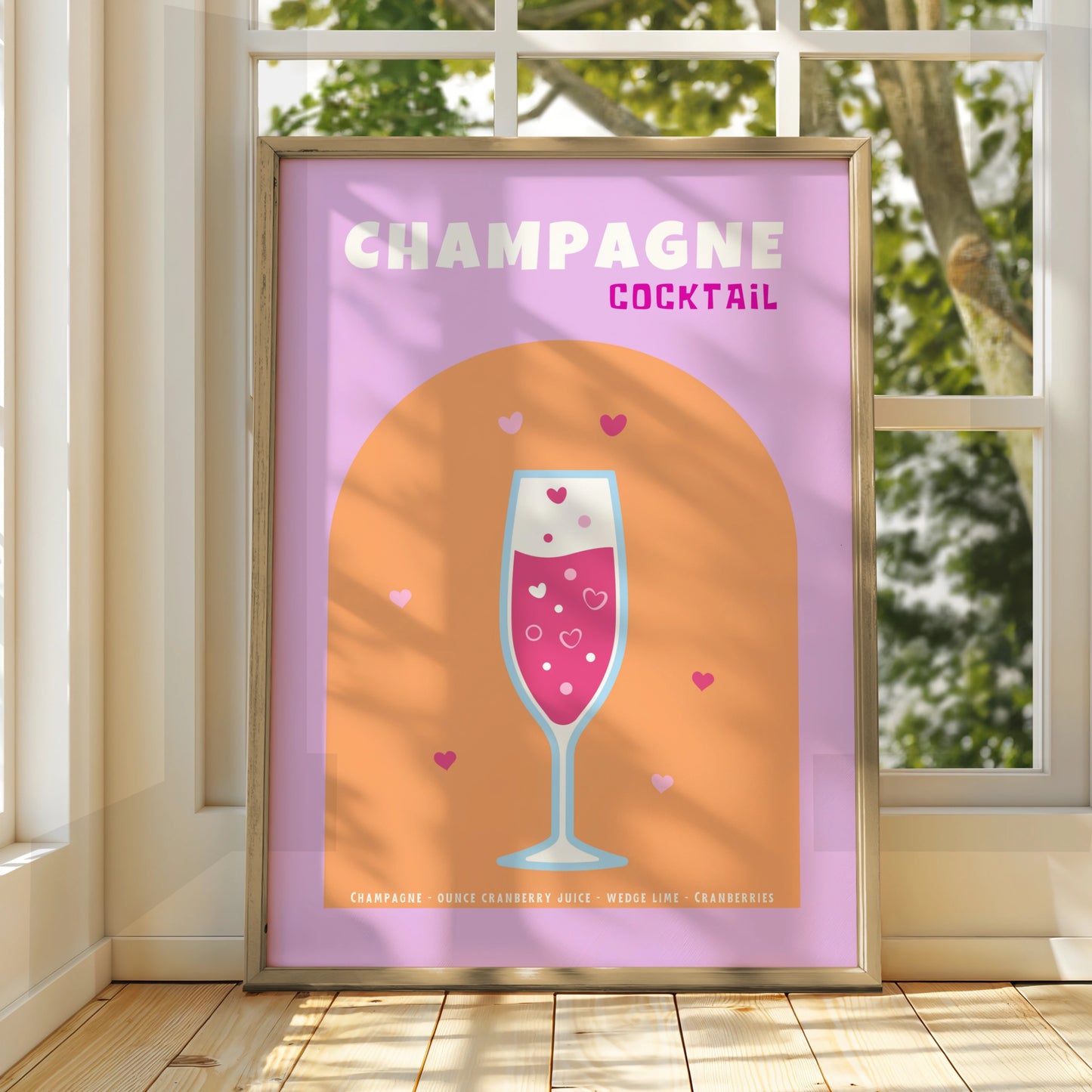 Champagne Cocktail Kitchen Print, Bar Cart Wall Art, Pink Drinks Poster, Retro Recipe