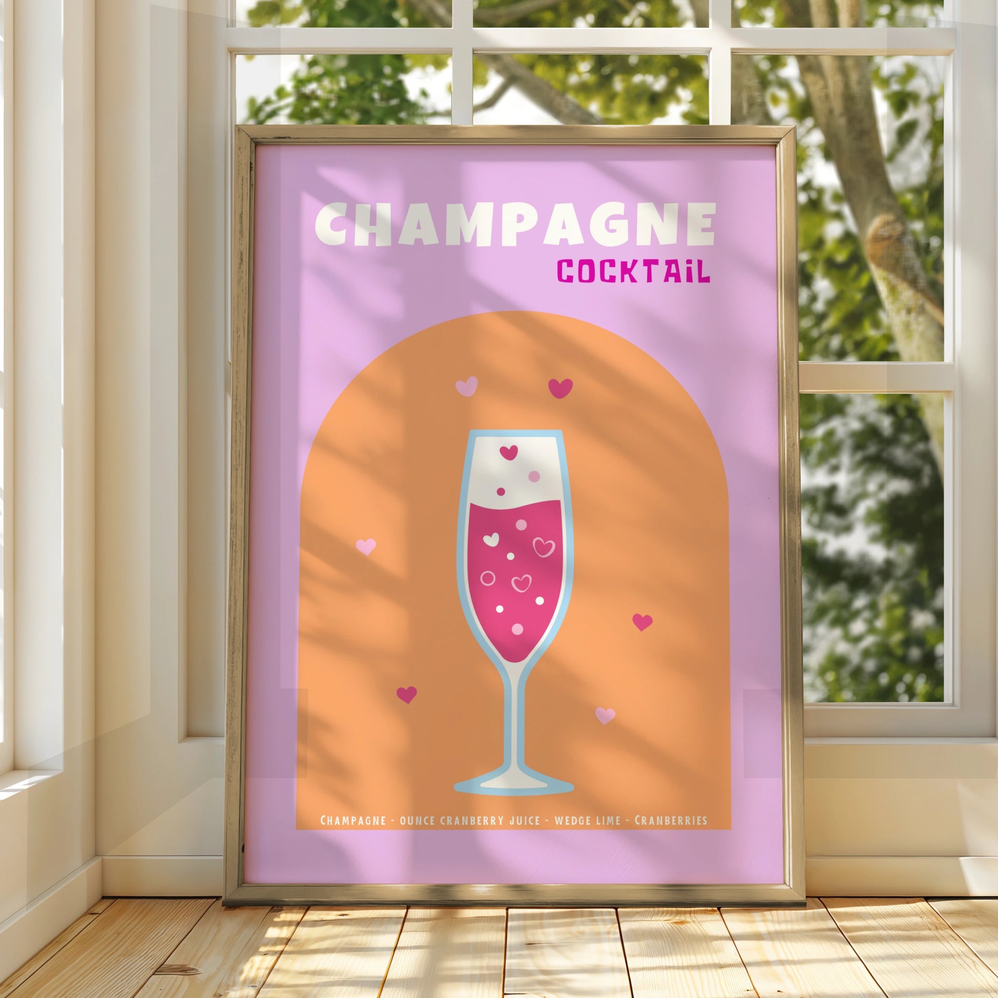 Champagne Cocktail Kitchen Print, Bar Cart Wall Art, Pink Drinks Poster, Retro Recipe