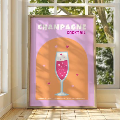 Champagne Cocktail Kitchen Print, Bar Cart Wall Art, Pink Drinks Poster, Retro Recipe