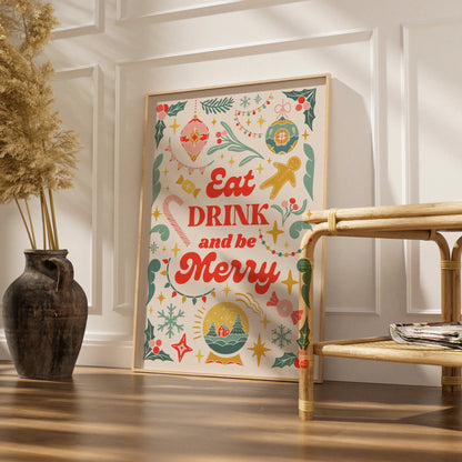 Eat Drink and Be Merry Christmas Kitchen Print, Festive Holiday Wall Art Poster