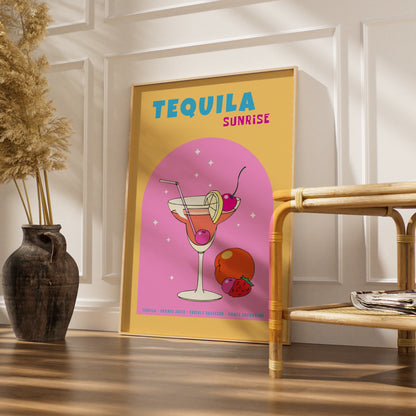 Tequila Sunrise Cocktail Kitchen Art, Retro Bar Cart Poster, Colourful Drinks Wall Print