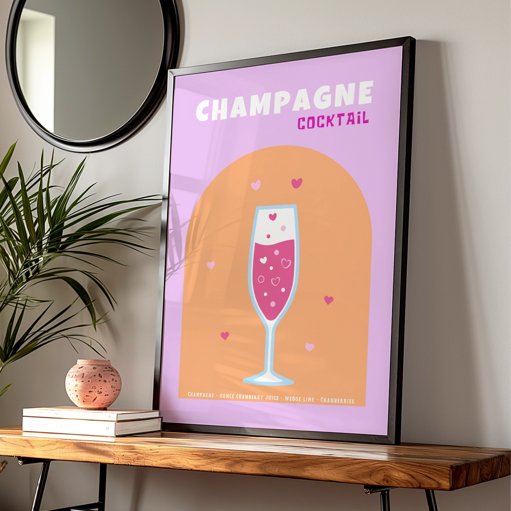 Champagne Cocktail Kitchen Print, Bar Cart Wall Art, Pink Drinks Poster, Retro Recipe