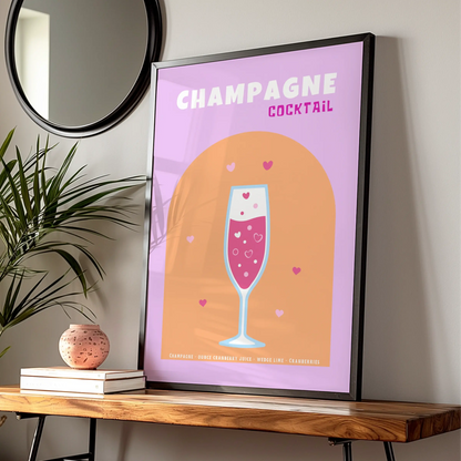 Champagne Cocktail Kitchen Print, Bar Cart Wall Art, Pink Drinks Poster, Retro Recipe