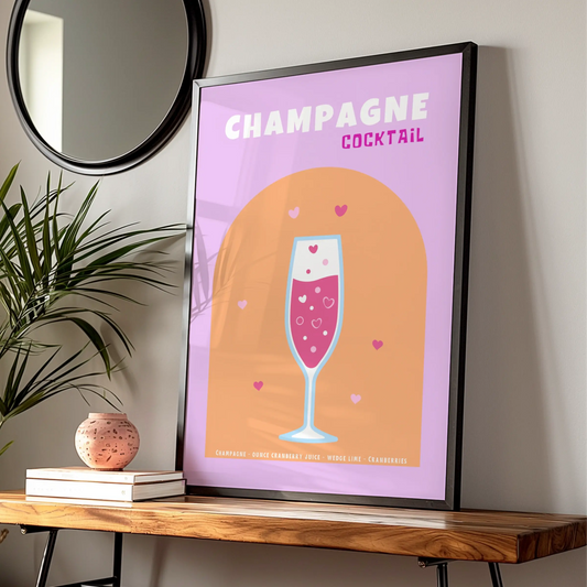 Champagne Cocktail Kitchen Print, Bar Cart Wall Art, Pink Drinks Poster, Retro Recipe