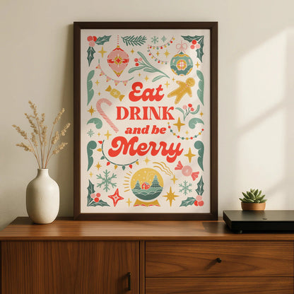 Eat Drink and Be Merry Christmas Kitchen Print, Festive Holiday Wall Art Poster