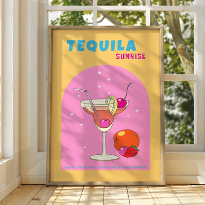 Tequila Sunrise Cocktail Kitchen Art, Retro Bar Cart Poster, Colourful Drinks Wall Print