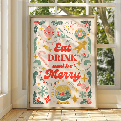 Eat Drink and Be Merry Christmas Kitchen Print, Festive Holiday Wall Art Poster