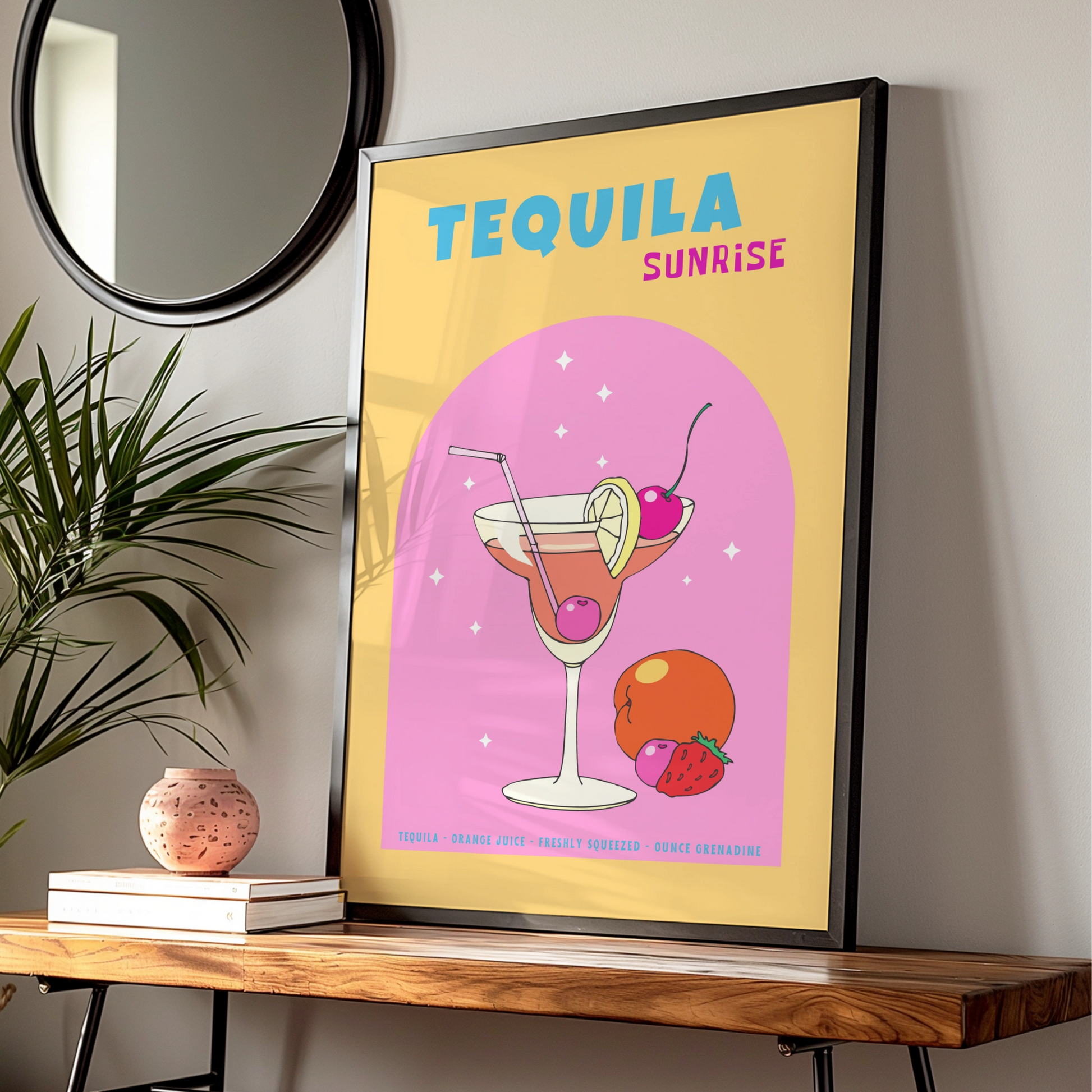 Tequila Sunrise Cocktail Kitchen Art, Retro Bar Cart Poster, Colourful Drinks Wall Print
