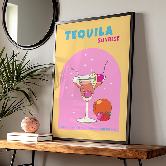 Tequila Sunrise Cocktail Kitchen Art, Retro Bar Cart Poster, Colourful Drinks Wall Print